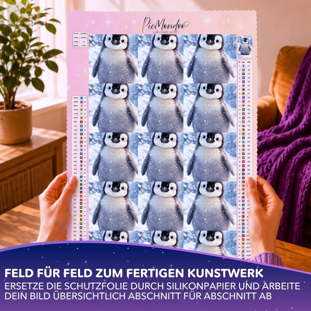 Diamond Painting Leinwand mit Pinguin-Motiv Winterpieps und Silikonpapier-Zuschnitten