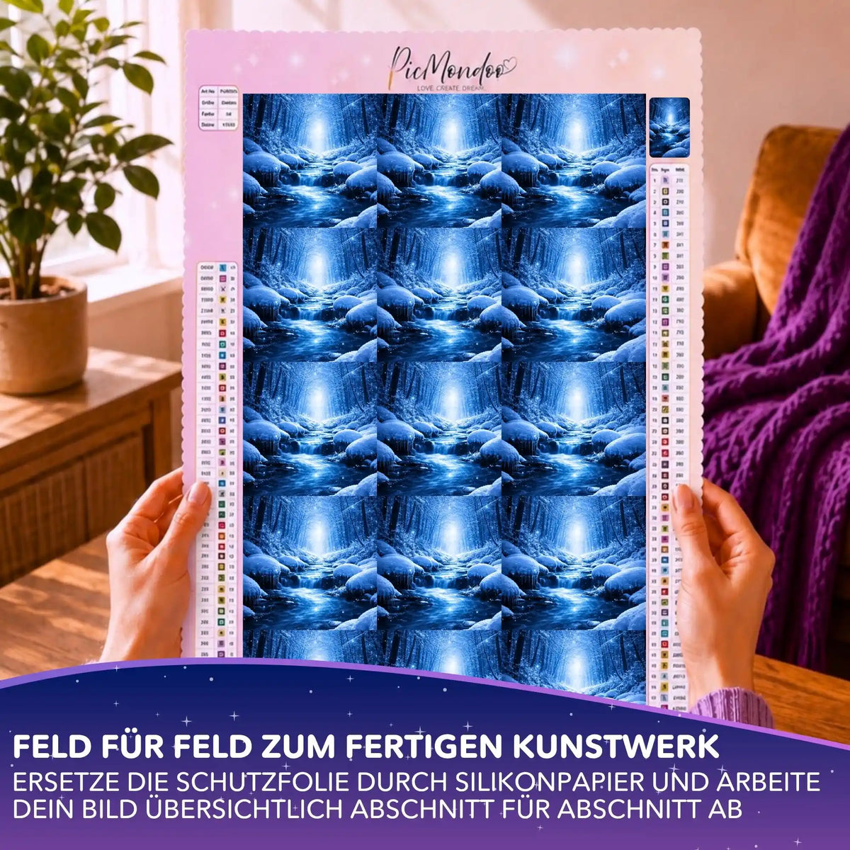 Silikonpapier-Set auf Diamond Painting Leinwand mit blauem Winter-Motiv Der Weg durch die Stille.