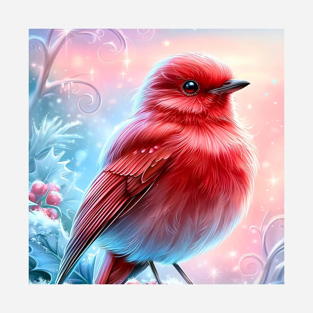 Diamond Painting Silikonpapier Feuerherz im ersten Frost mit rotem Vogel und Beeren im Schnee