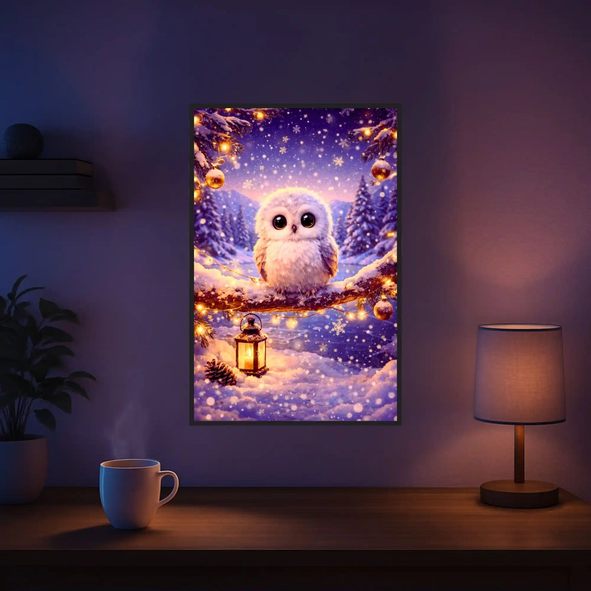 Diamond Painting Winter: Niedliche Eule auf verschneitem Ast mit leuchtender Laterne und Lichterkette