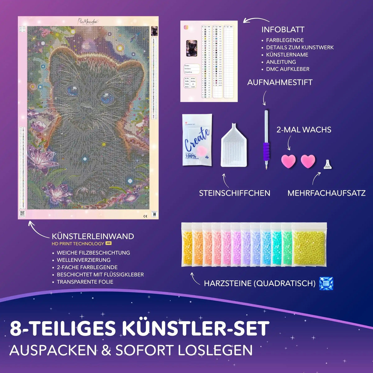 Diamond Painting Set Schwarzer Panther: Leinwand mit Tiermotiv, quadratische Steine und Bastel-Zubehör.