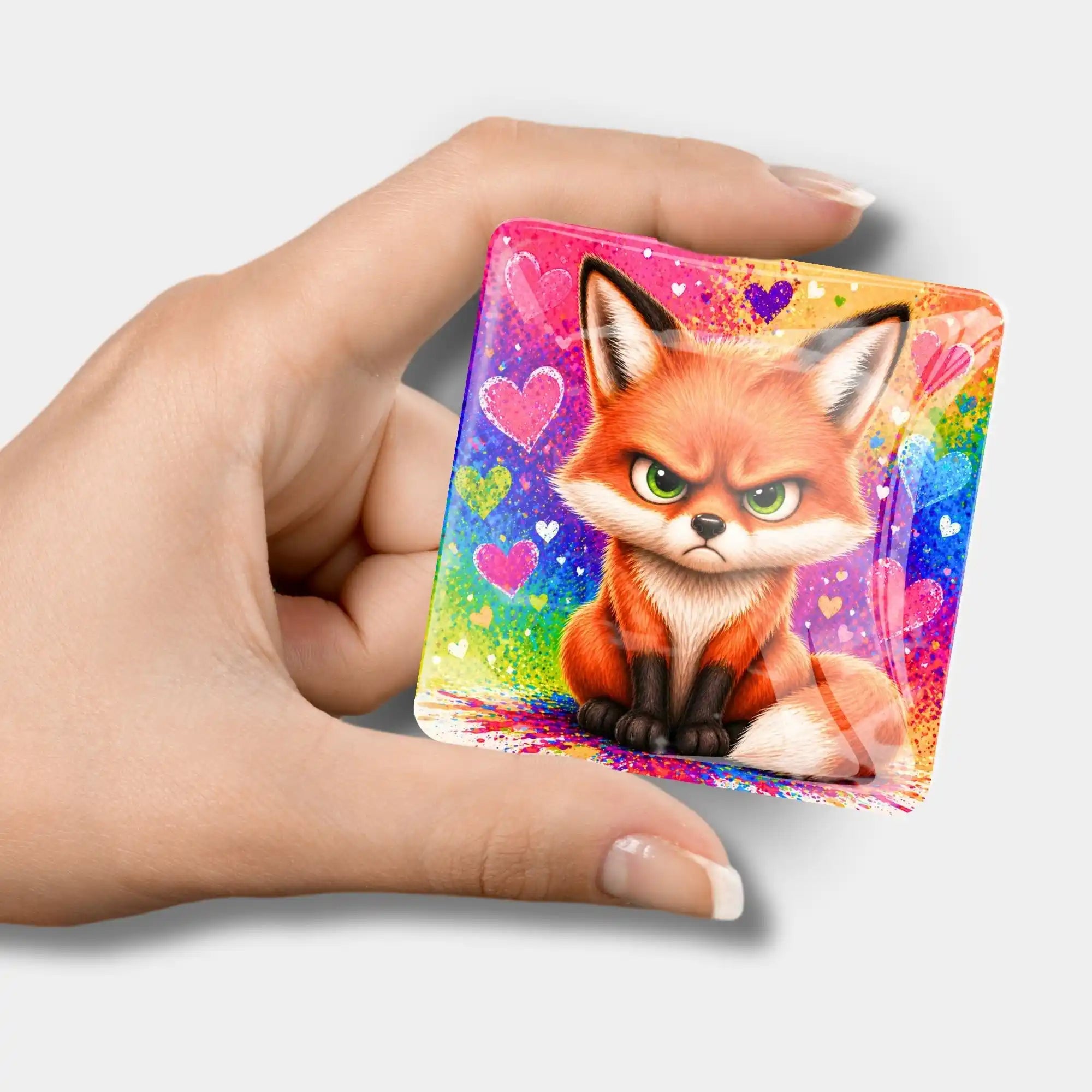 Miesefuchs Cover Minder aus Glas zur Fixierung bei Diamond Painting Projekten mit buntem Fuchs-Motiv und Herzen