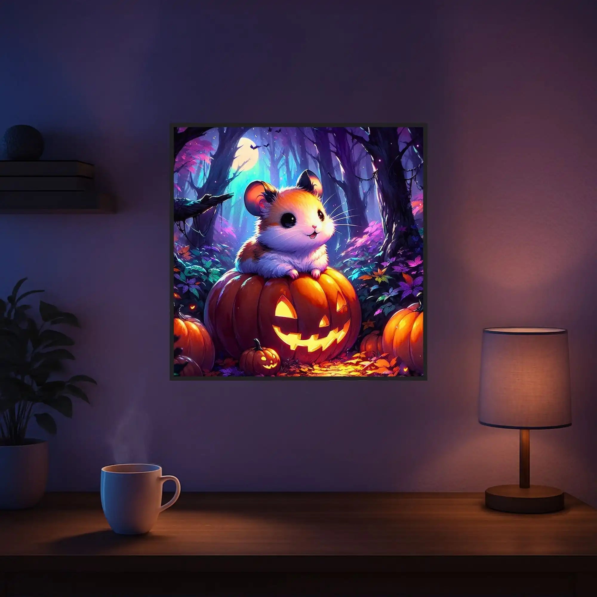 Diamond Painting Set Pumpkin Whispers: Niedlicher Hamster auf leuchtendem Halloween-Kürbis in einem magischen Herbstwald.
