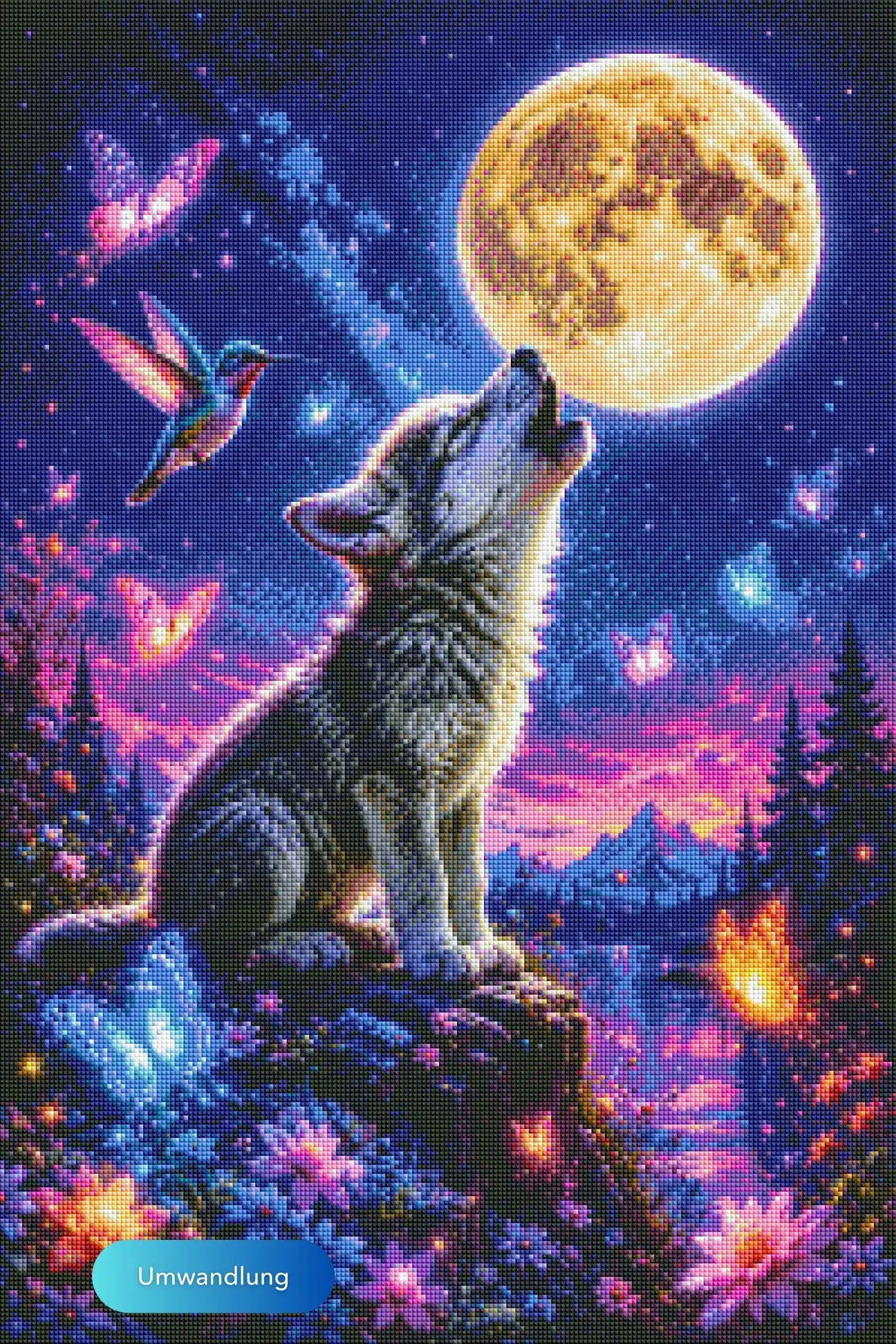 Diamond Painting Set Wolf heult bei Vollmond in Zauberwald mit leuchtenden Schmetterlingen und Kolibri