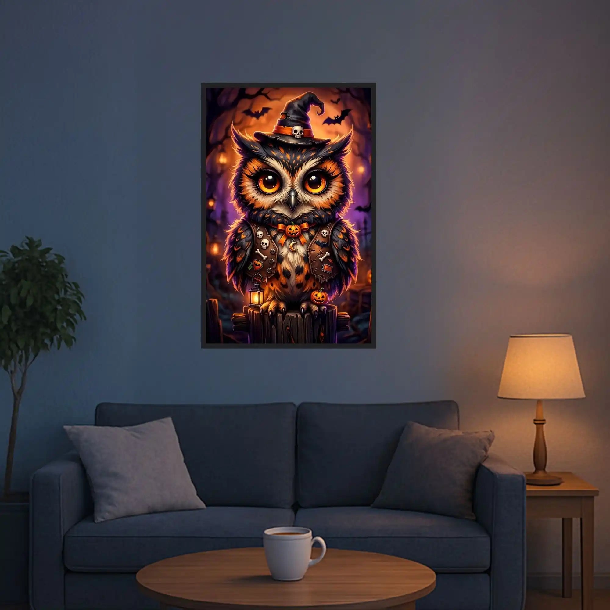 Diamond Painting Set Eule mit Hexenhut und Kürbissen im Halloween-Design als Wanddekoration für Erwachsene