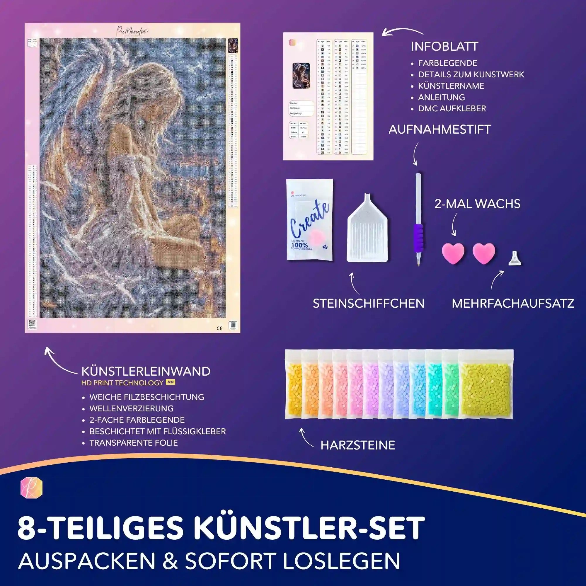 Diamond Painting Set Engelsflügel Fantasy-Mädchen mit Leinwand, Steinen, Stift und Zubehör für kreatives Basteln.