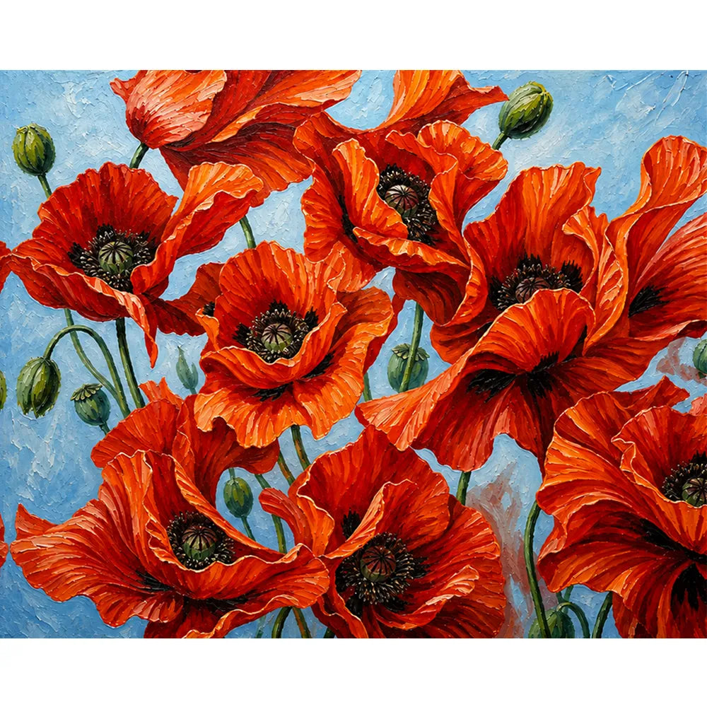 Malen nach Zahlen für Erwachsene: Detailreiche Mohnblumen in leuchtendem Rot vor blauem Himmel.