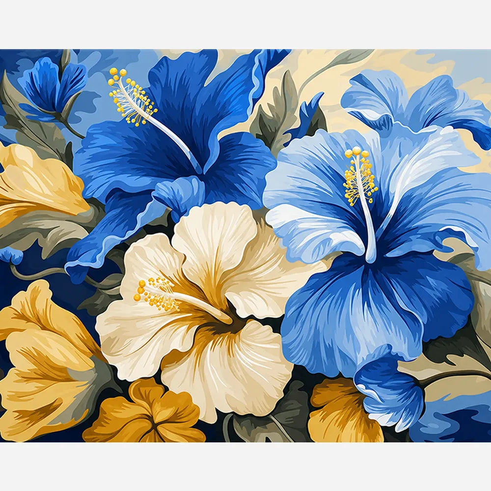 Malen nach Zahlen für Erwachsene Motiv Symphonie in Blau mit Hibiskusblüten in Königsblau, Hellblau und Gelb.
