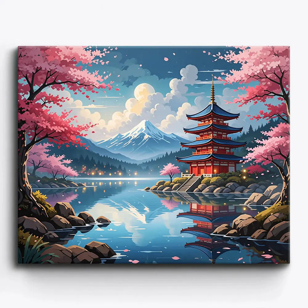 Malen nach Zahlen für Erwachsene: Japanische Pagode am See mit Fuji, Kirschblüten und Mondschein im Picmondoo Design.