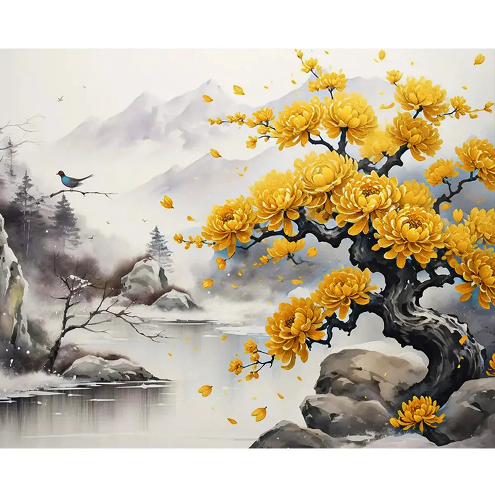 Malen nach Zahlen für Erwachsene: Goldener Frühlingshauch mit gelben Blüten, Baum und Berglandschaft als DIY-Set.