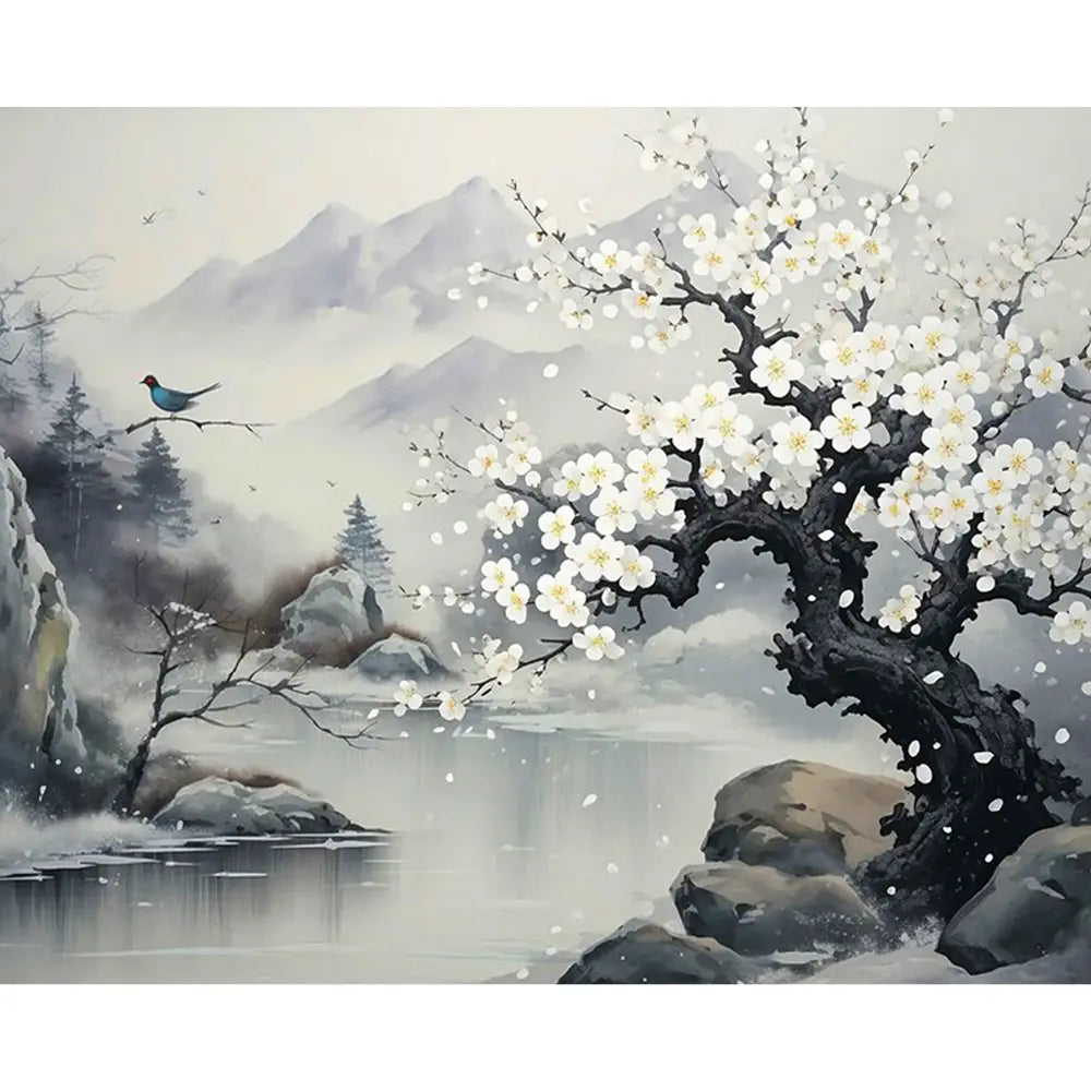 Malen nach Zahlen für Erwachsene: Knorriger Baum mit weißen Blüten am Bergsee, Picmondoo Kunstwerk Glanz der Natur.
