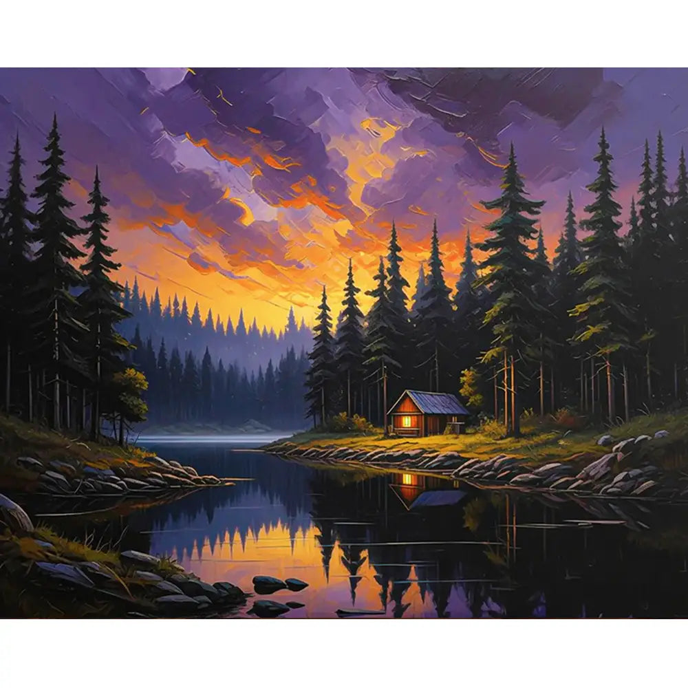 Malen nach Zahlen für Erwachsene: Waldsee bei Sonnenuntergang mit Hütte, Tannen und violett-goldenem Himmel.