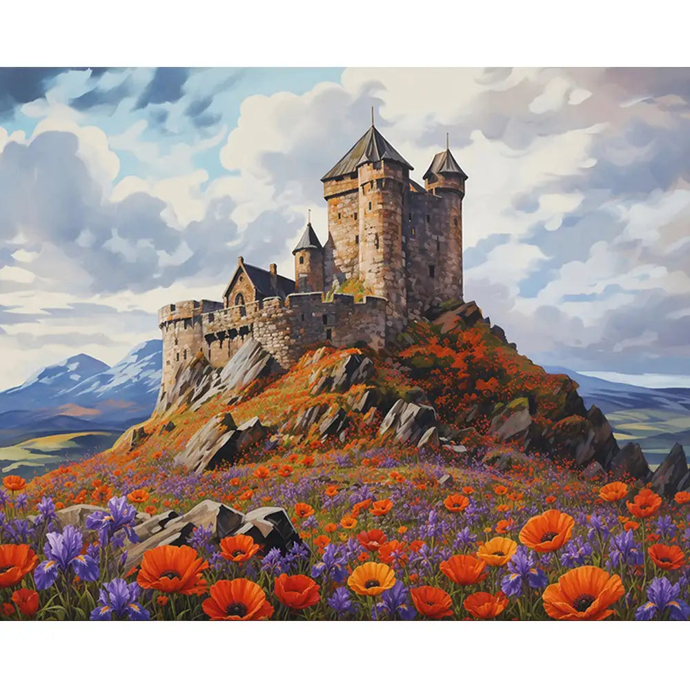 Malen nach Zahlen für Erwachsene: Mittelalterliche Burg in einem farbenfrohen Meer aus Mohnblumen und Schwertlilien.