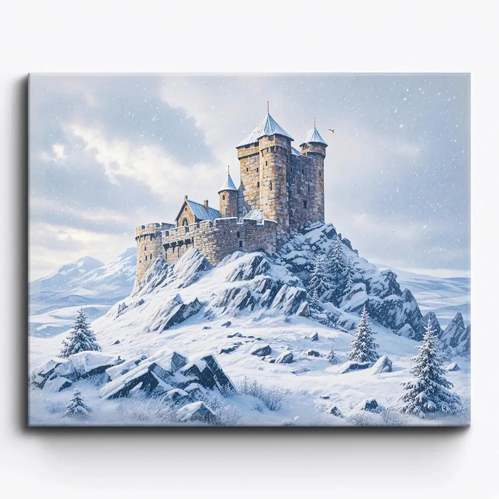 Malen nach Zahlen für Erwachsene: Winterliche Burg auf verschneitem Felsen als kreatives DIY-Set von Picmondoo