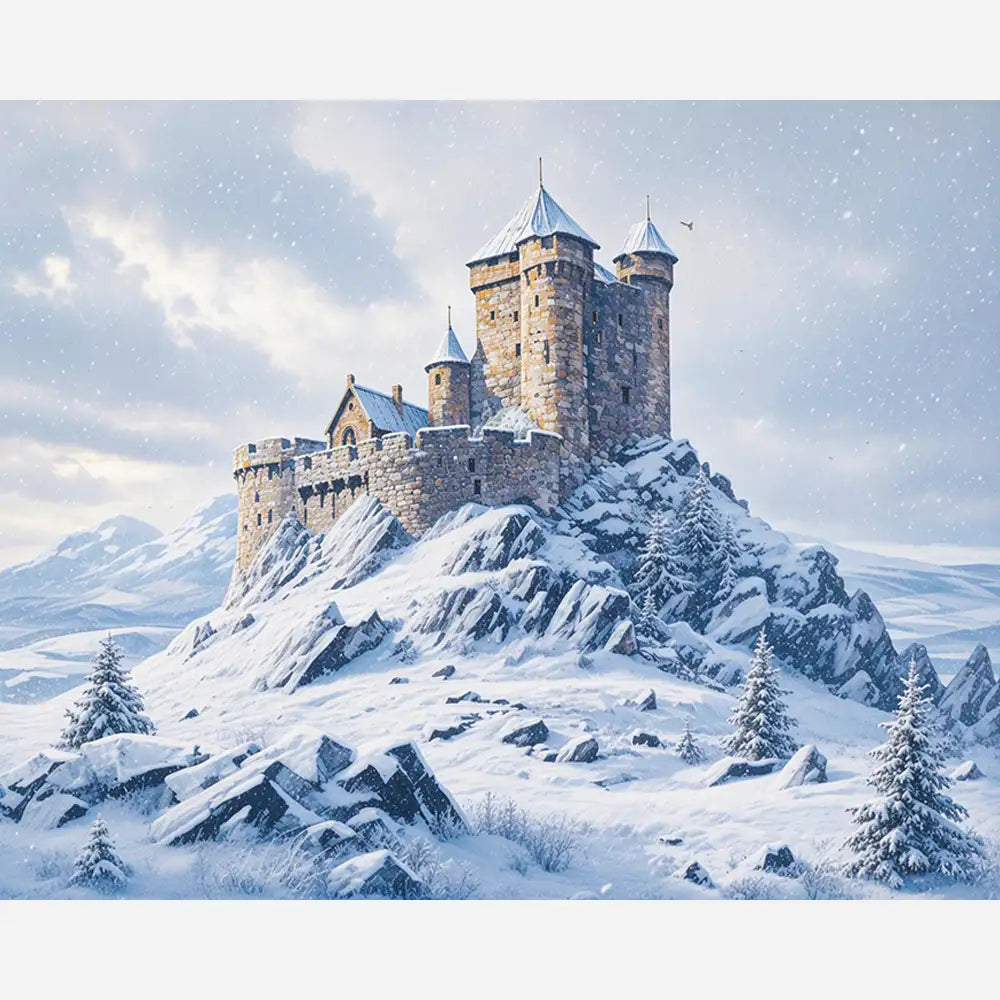 Malen nach Zahlen für Erwachsene: Winterliche Burg auf verschneitem Felsen in einer verschneiten Berglandschaft
