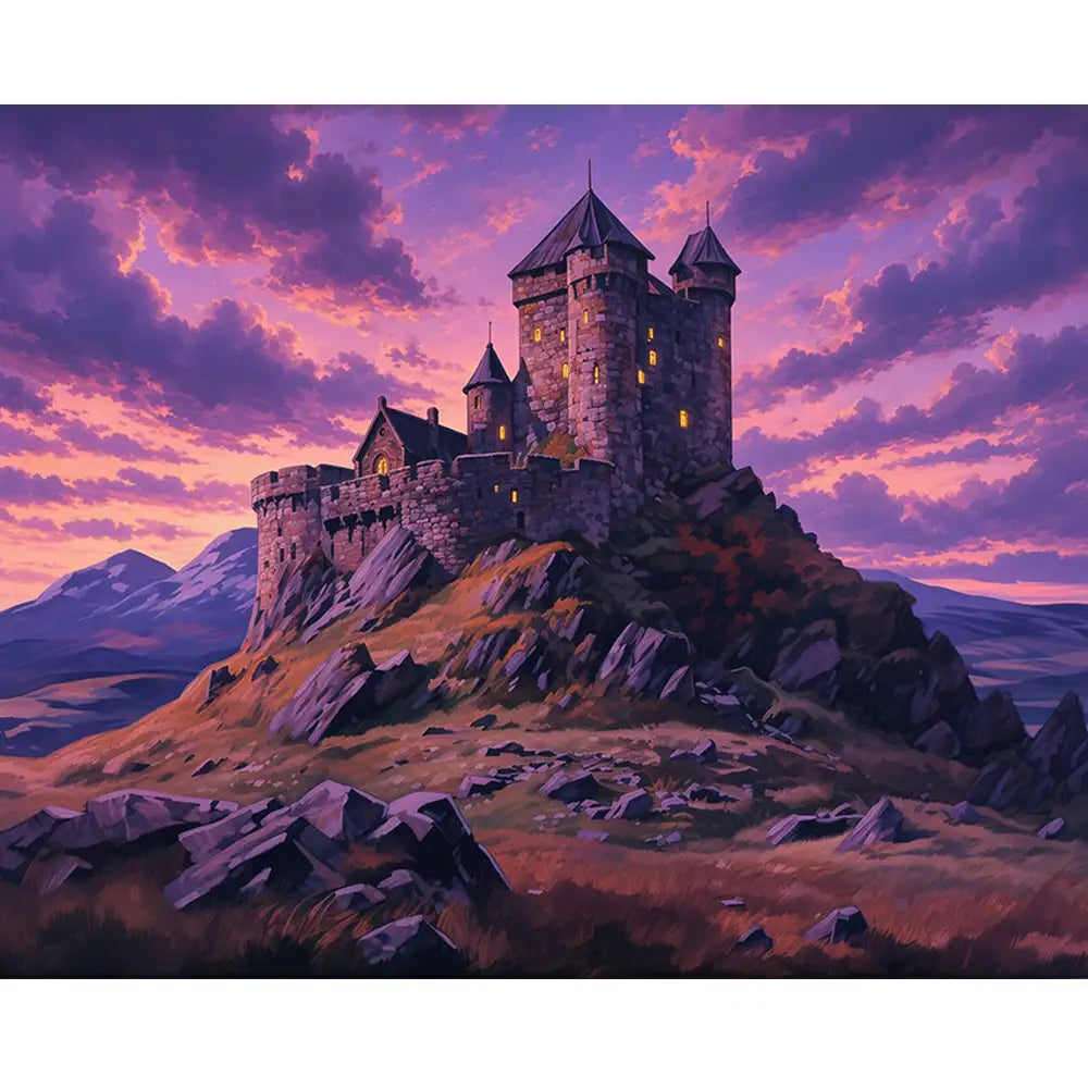 Malen nach Zahlen für Erwachsene Motiv Burg im Abendglanz mit lila Abendhimmel und beleuchteten Fenstern auf einem Felsen