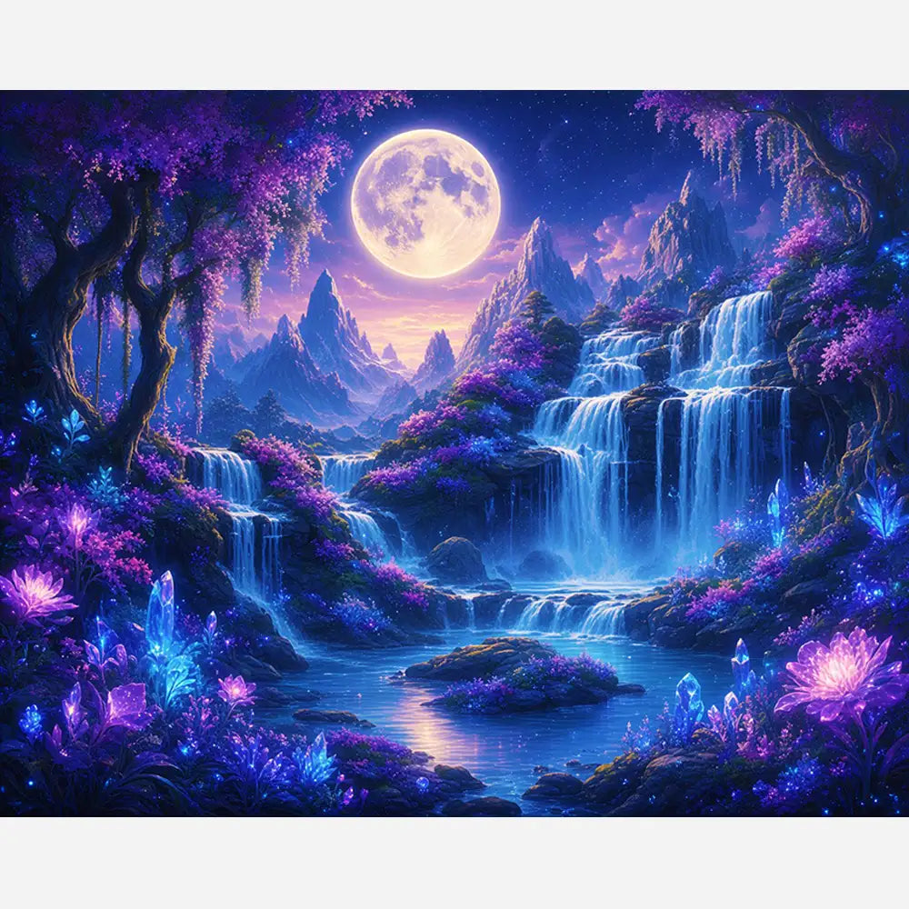 Malen nach Zahlen für Erwachsene: Magischer Wasserfall mit leuchtenden Blüten, Kristallen und Vollmond in violetter Nacht
