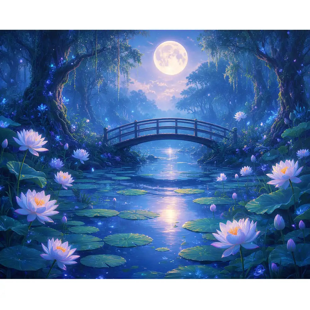 Malen nach Zahlen für Erwachsene: Traumhafte Mondschein-Landschaft mit Holzbrücke, Seerosen und Vollmond am blauen See
