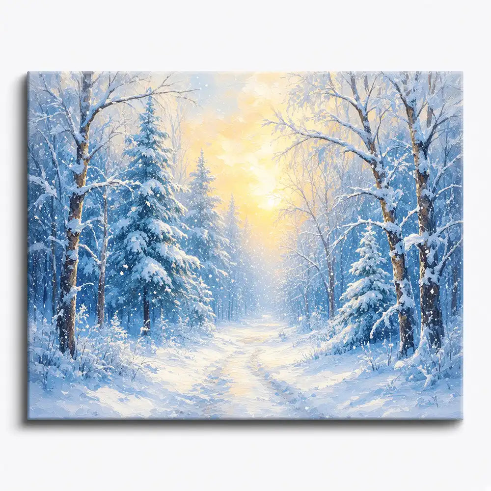 Malen nach Zahlen für Erwachsene Motiv Zauber des Winters mit verschneitem Wald und goldenem Sonnenlicht