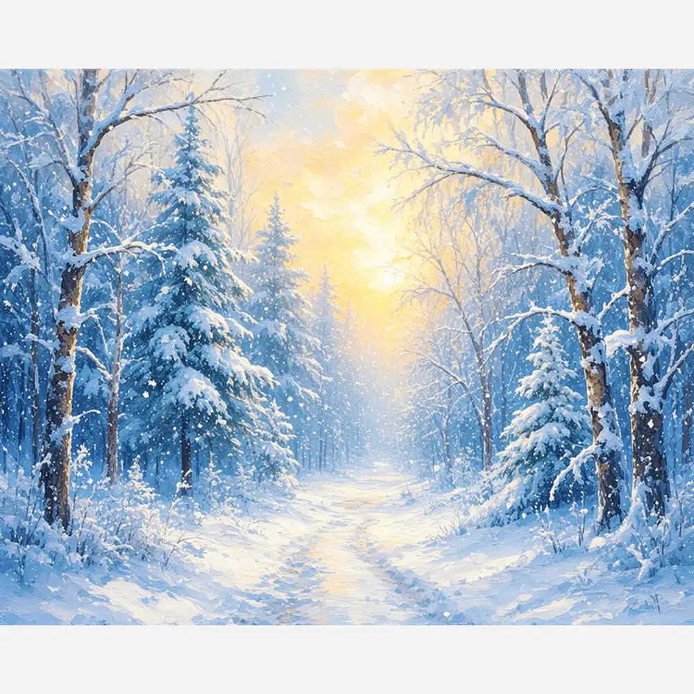 Malen nach Zahlen für Erwachsene Motiv Zauber des Winters mit verschneitem Wald und goldenem Sonnenlicht in blau-weiß