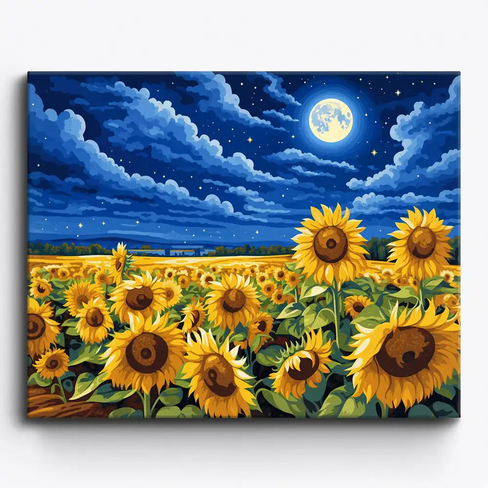 Malen nach Zahlen für Erwachsene: Sonnenblumenfeld in einer nächtlichen Landschaft mit Vollmond und blauem Sternenhimmel.