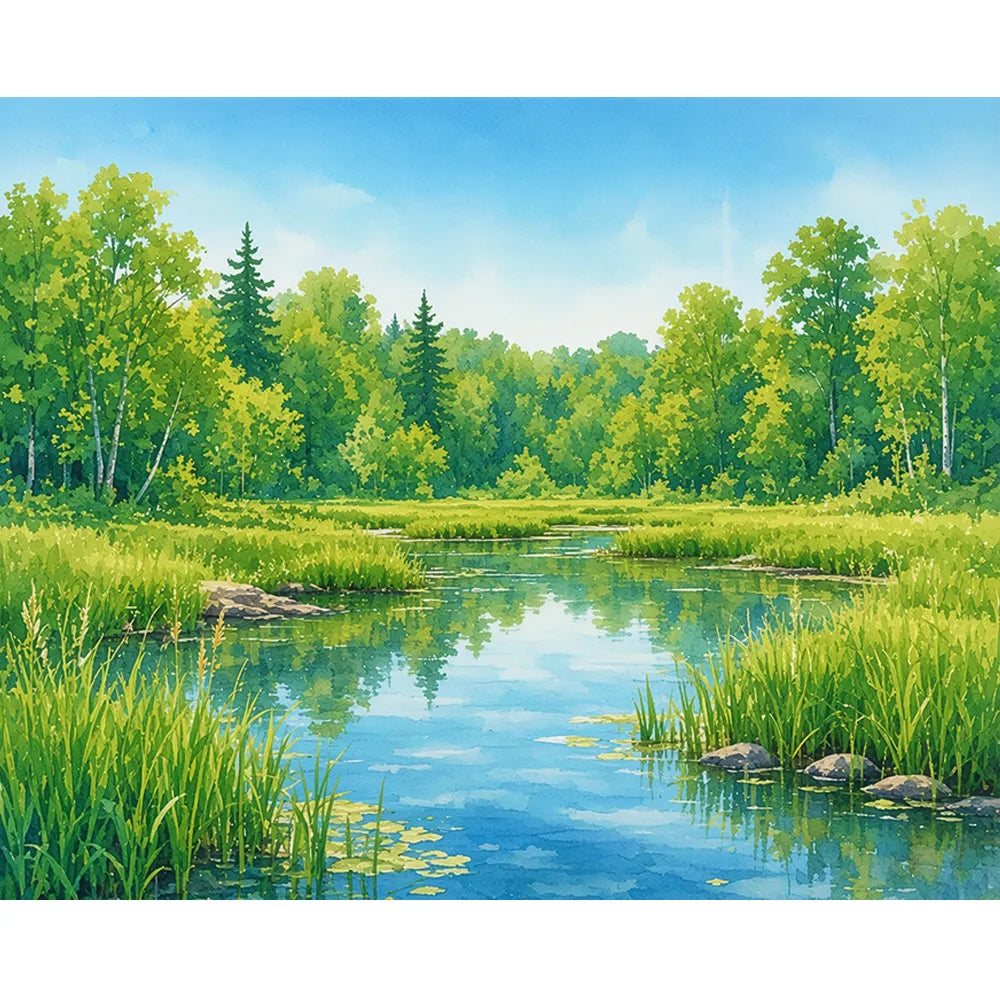 Malen nach Zahlen für Erwachsene: Aquarell-Sommerlandschaft mit Fluss, grünem Wald und blauem Himmel von Picmondoo