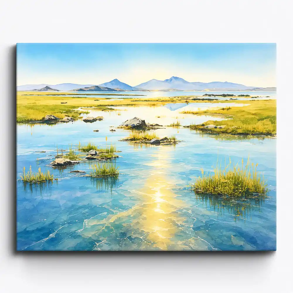 Malen nach Zahlen für Erwachsene: Goldglanz am See mit goldener Spiegelung auf blauem Wasser und Berglandschaft