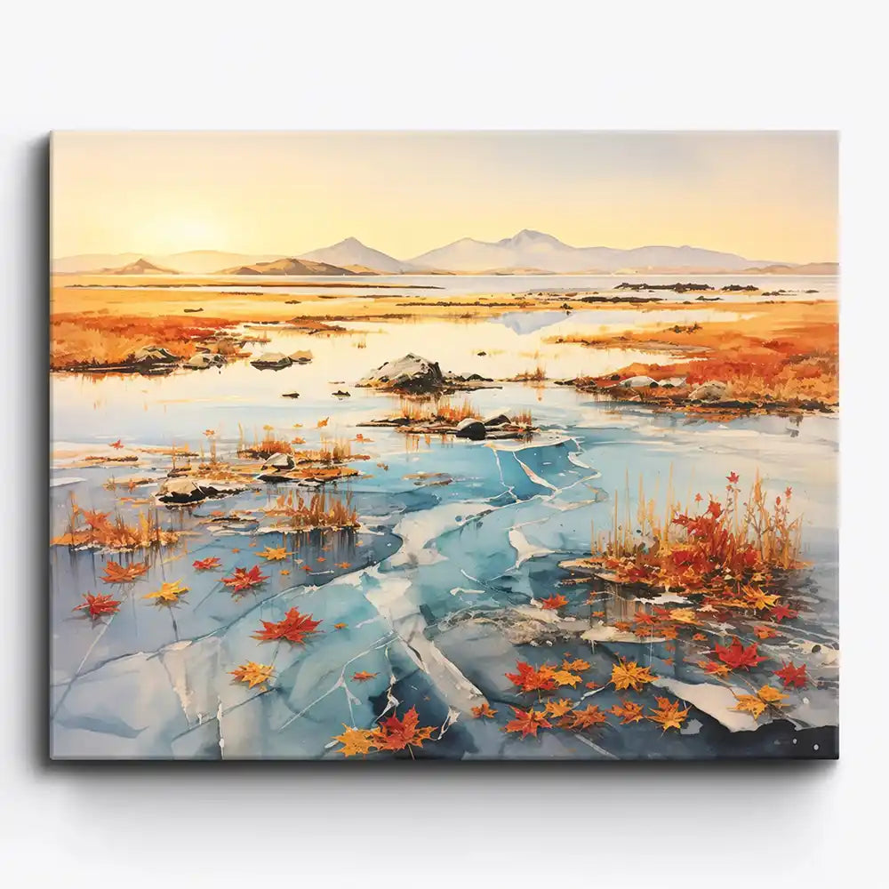 Malen nach Zahlen für Erwachsene: Herbstliche Frost-Landschaft mit leuchtenden Ahornblättern und goldenem Abendlicht.