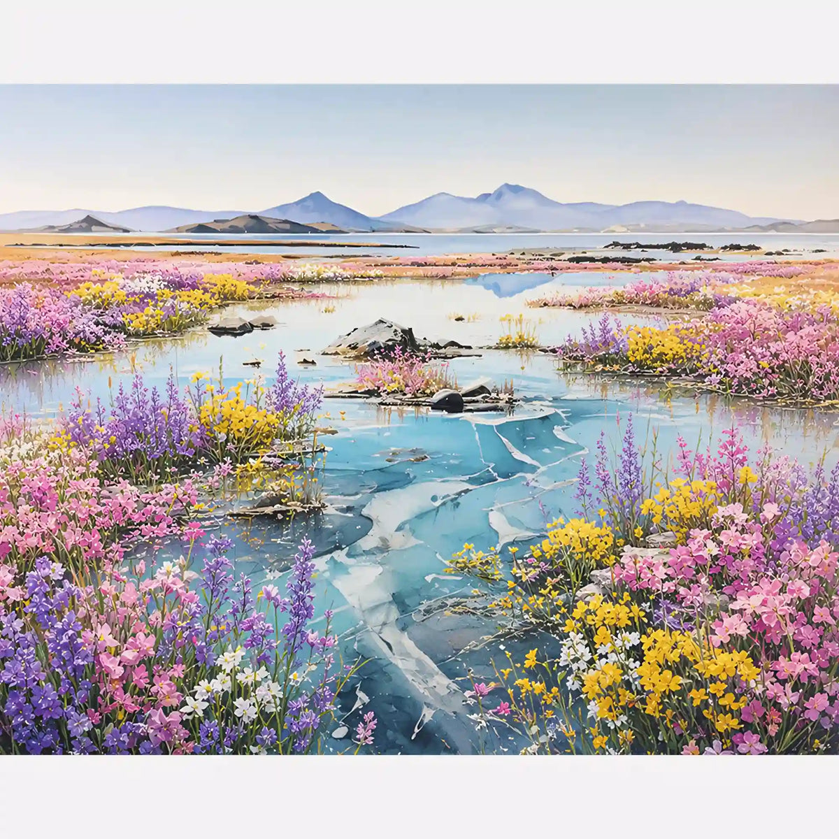 Malen nach Zahlen Erwachsene: Bunte Wiesenblumen an klarem Wasser vor Bergkulisse im Frühling