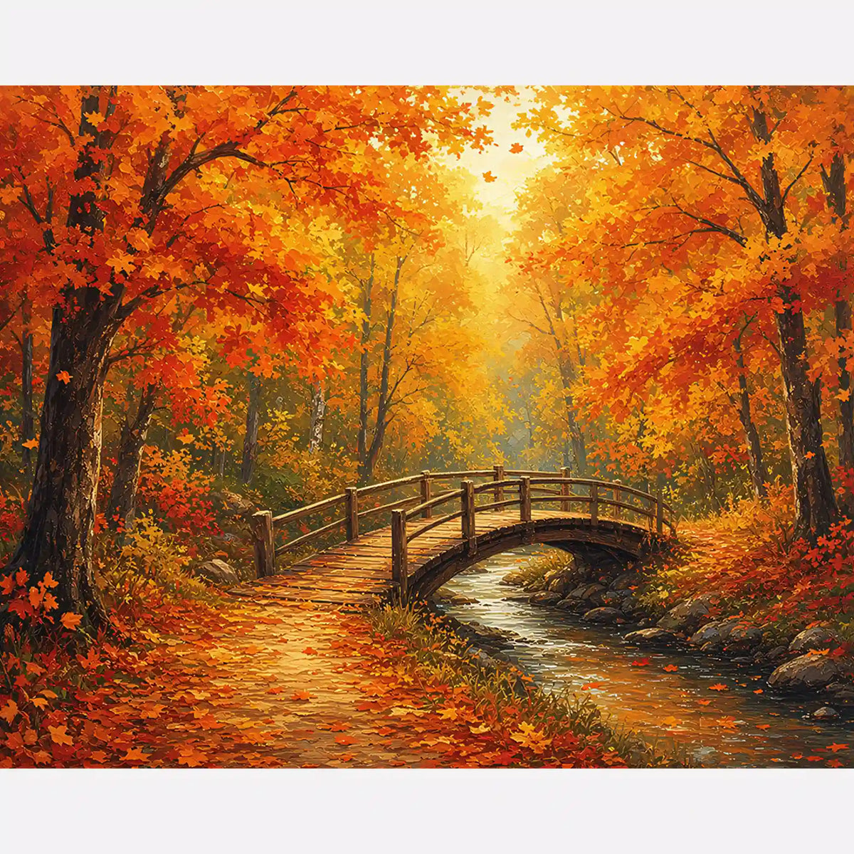 Malen nach Zahlen Erwachsene: Herbstliche Holzbrücke im bunten Laubwald über einem kleinen Bach.