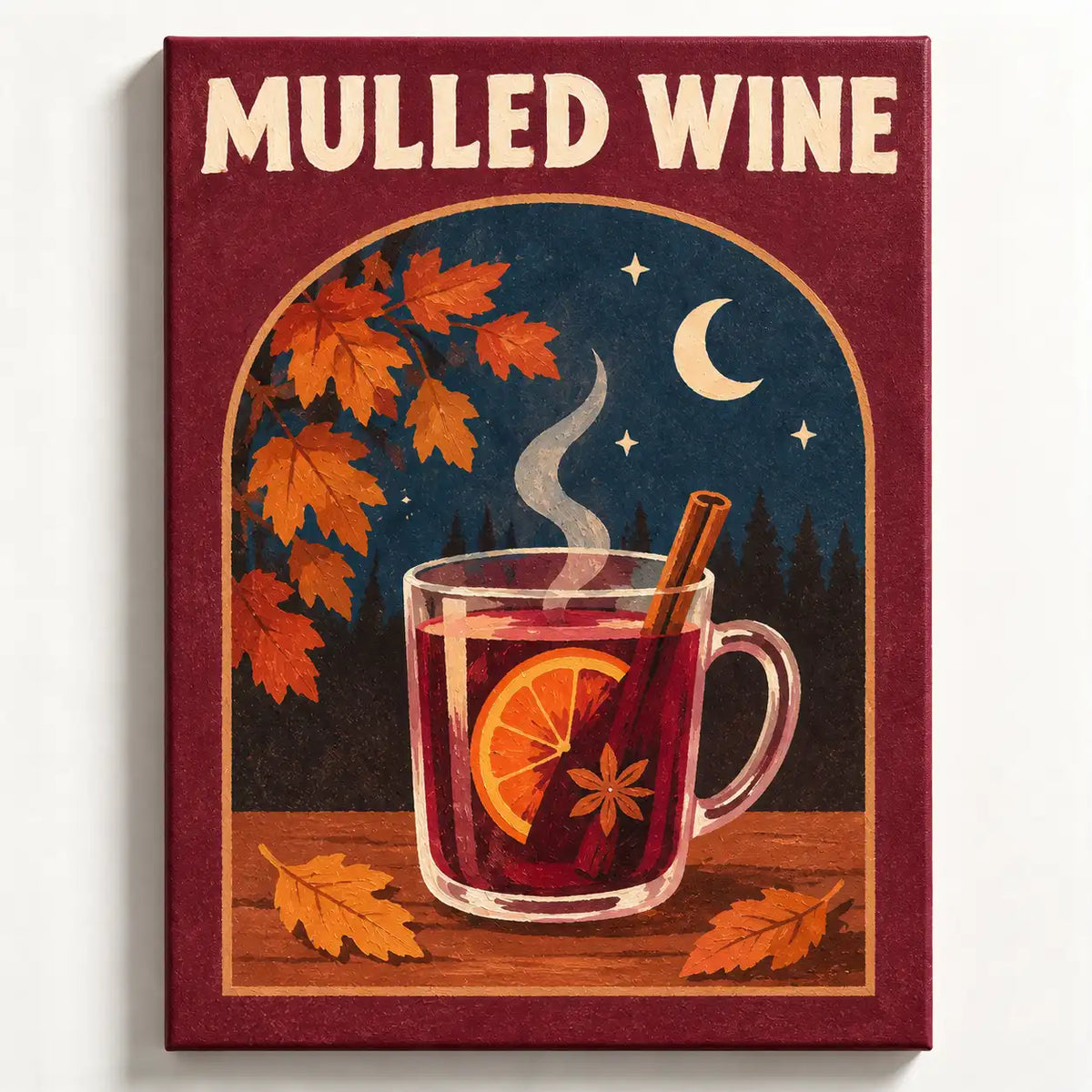 Malen nach Zahlen Erwachsene: Glühwein mit Orange, Zimtstange und Sternanis unter Nachthimmel, Herbstblätter, roter Rand