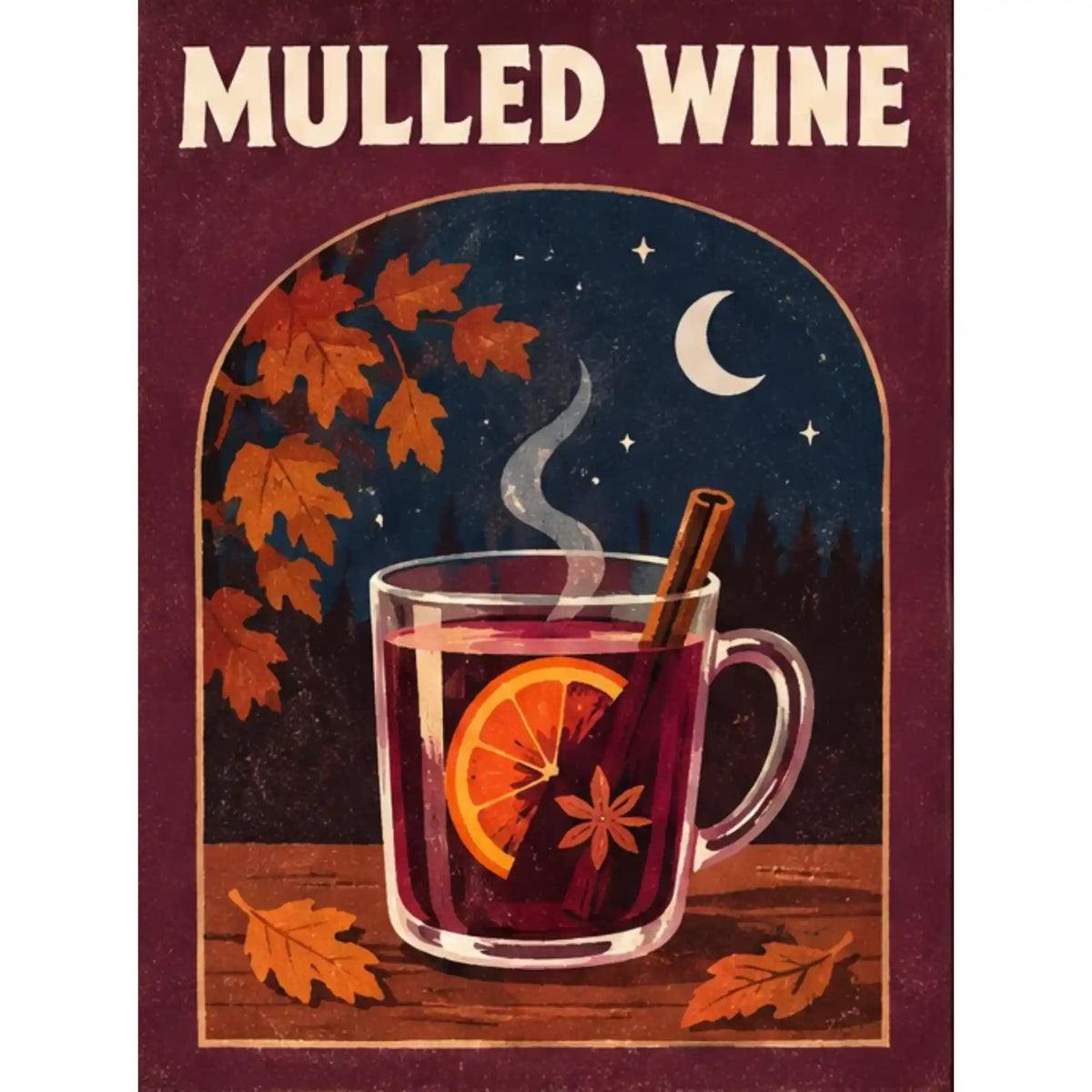 Malen nach Zahlen Mulled Wine: Glas Glühwein mit Orange, Zimt und Sternanis vor Nachthimmel mit Mond und Herbstblättern