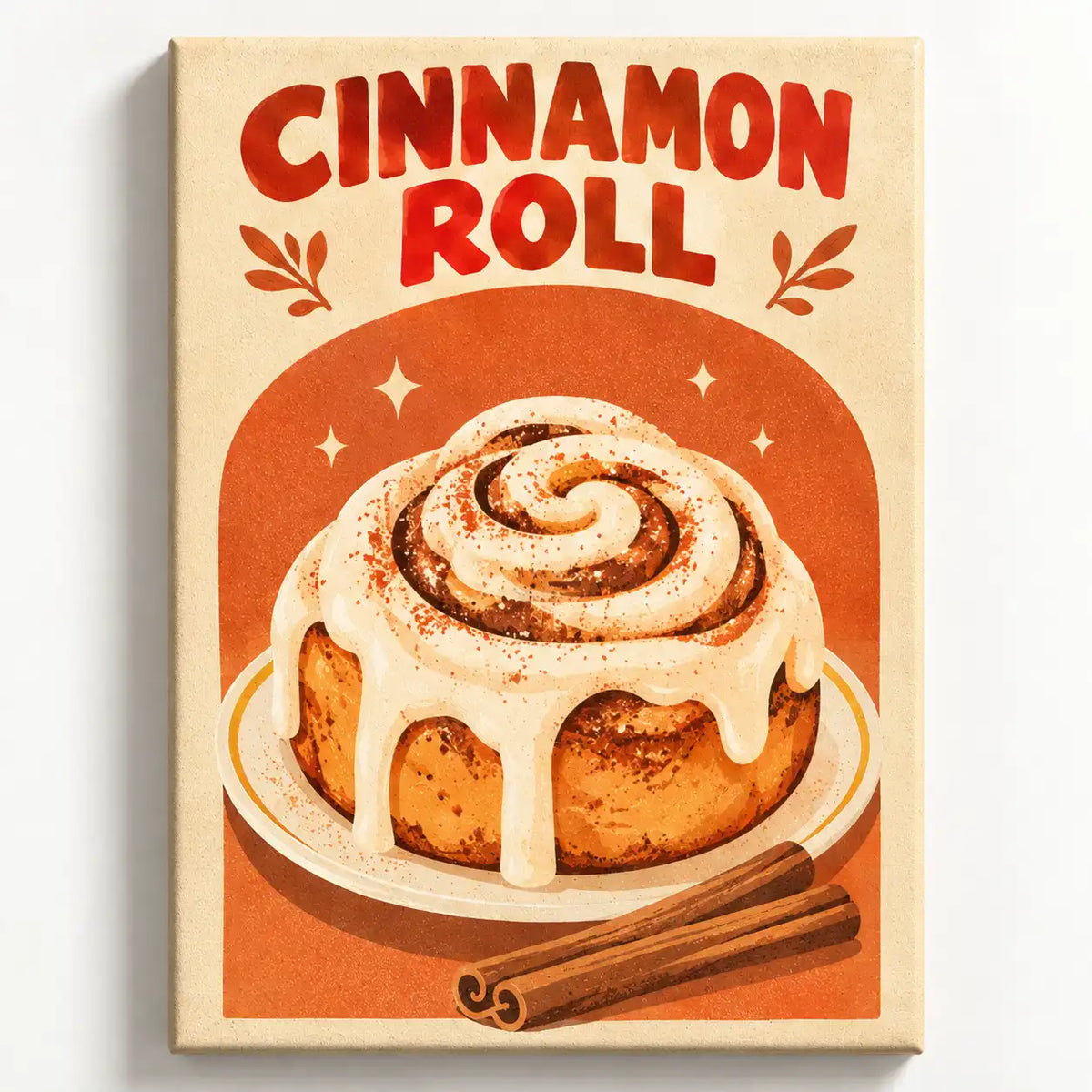 Malen nach Zahlen Erwachsene: Cinnamon Roll mit Zuckerguss und Zimtstangen auf Teller, orange Retro-Poster-Motiv