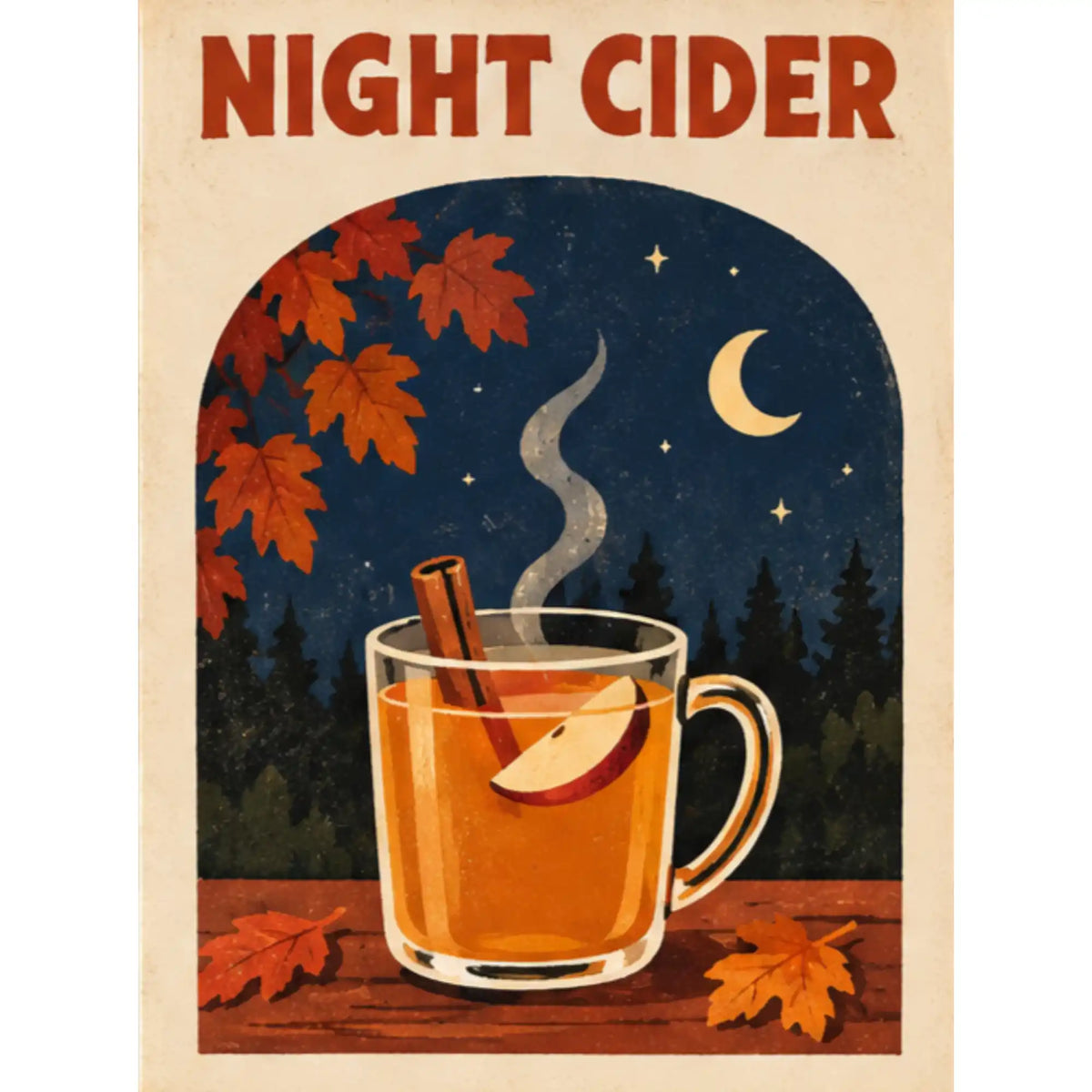 Malen nach Zahlen Erwachsene: Glas Apfelwein mit Zimtstange vor Sternenhimmel, Mond und Herbstlaub im Retro-Stil