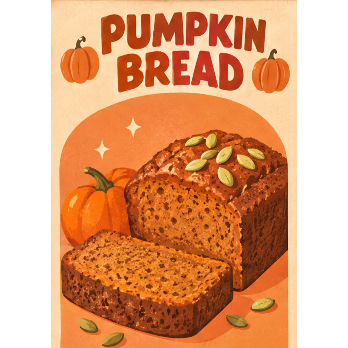 Malen nach Zahlen Erwachsene: Pumpkin Bread mit Kürbiskernen, angeschnittener Scheibe und orangen Kürbissen im Herbstmotiv