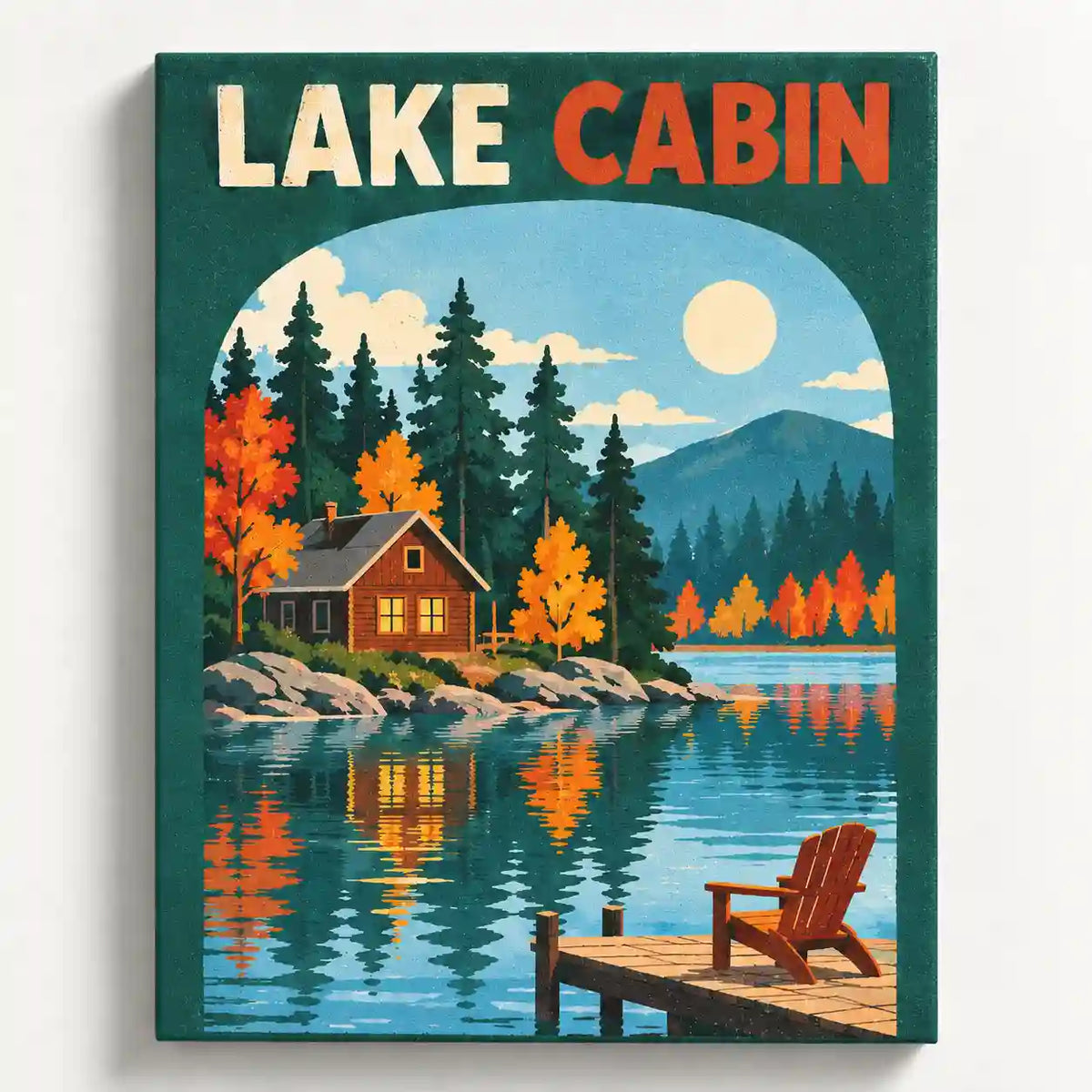 Malen nach Zahlen Lake Cabin: Holzhütte am Herbstsee mit Tannen, Steg und Liegestuhl im Retro-Posterstil