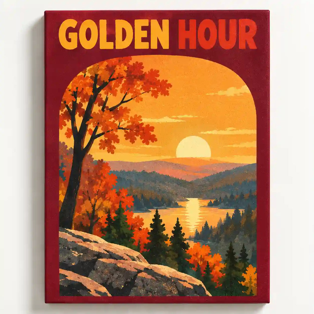 Malen nach Zahlen Golden Hour: Herbstlandschaft mit Sonnenuntergang über See, roten Blättern und Tannen auf Leinwand