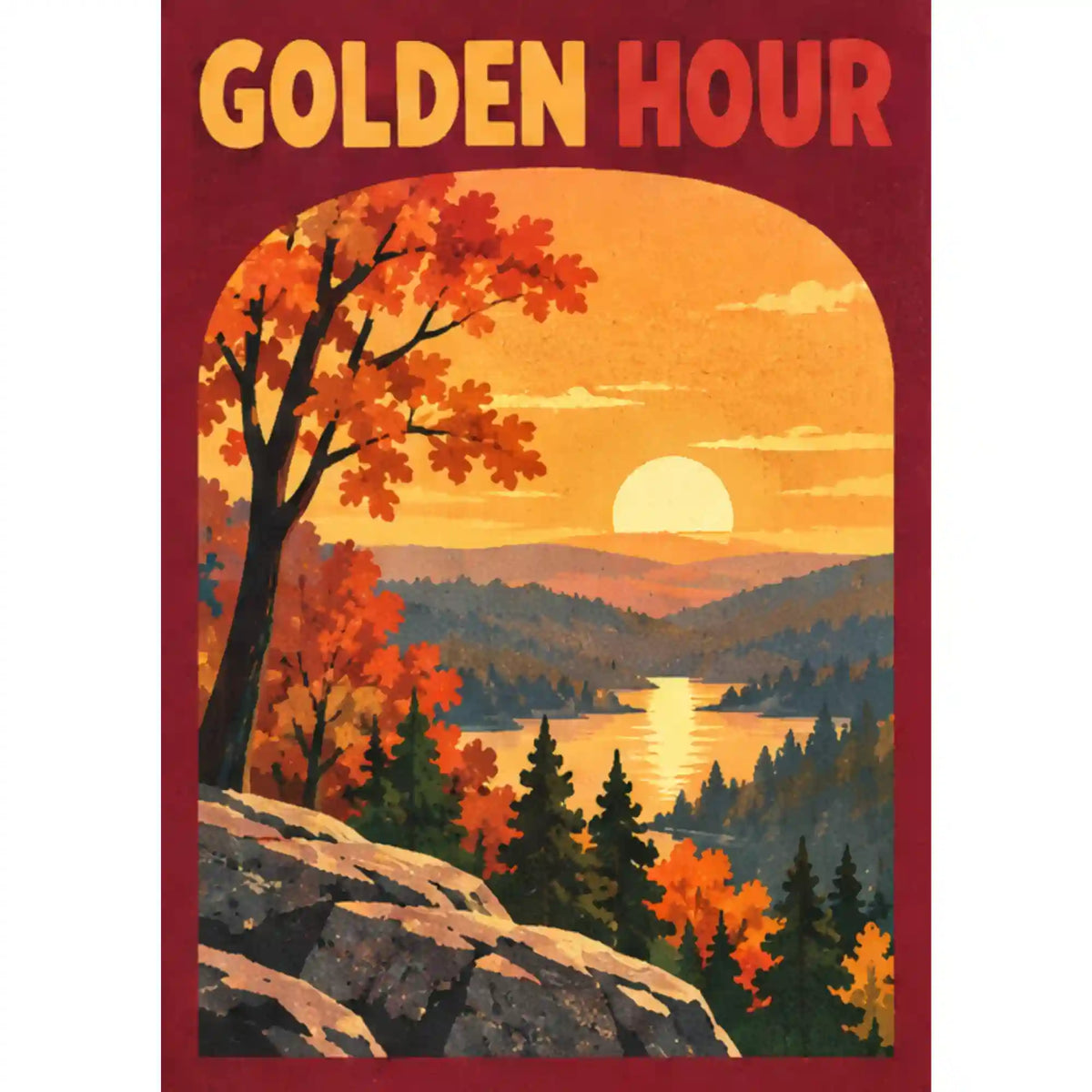 Malen nach Zahlen Golden Hour: Herbstlandschaft mit roten Blättern, Tannen und See im Sonnenuntergang