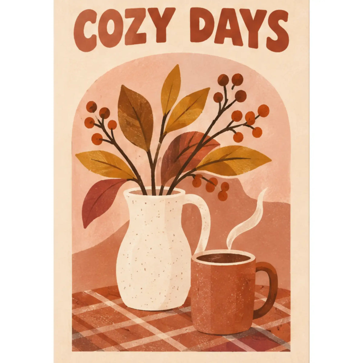 Malen nach Zahlen Cozy Days: Herbstblätter und Beeren in cremefarbener Vase, dampfende Kaffeetasse auf karierter Decke