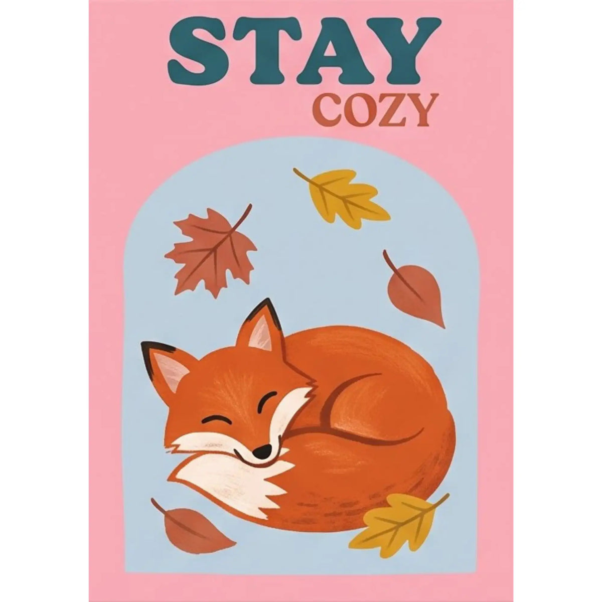 Malen nach Zahlen Stay Cozy: schlafender Fuchs zwischen Herbstblättern vor blauem Bogen auf rosa Hintergrund