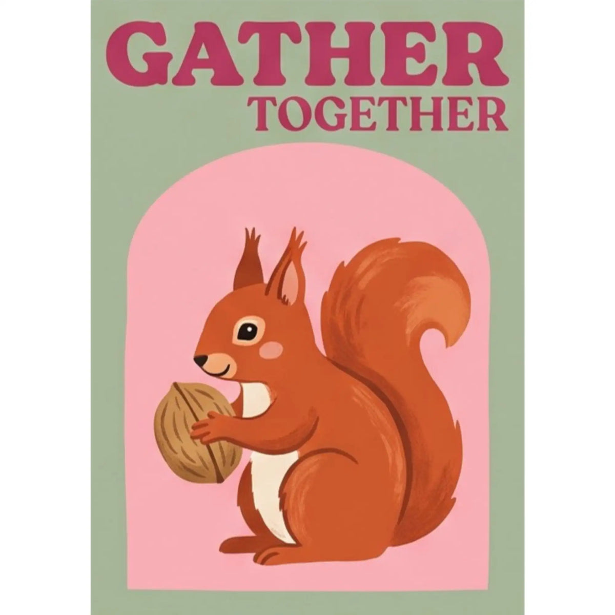 Malen nach Zahlen Motiv Gather Together: rotbraunes Eichhörnchen mit Walnuss vor rosa Bogen auf salbeigrünem Hintergrund