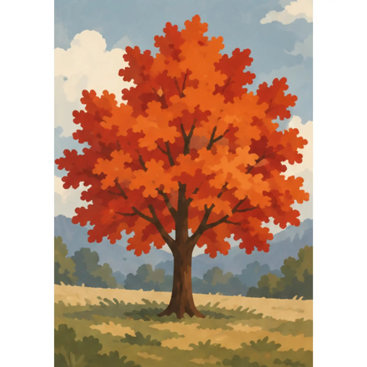 Malen nach Zahlen Erwachsene: Herbstbaum mit feuerroter Krone auf goldener Wiese vor blauen Bergen und Wolkenhimmel