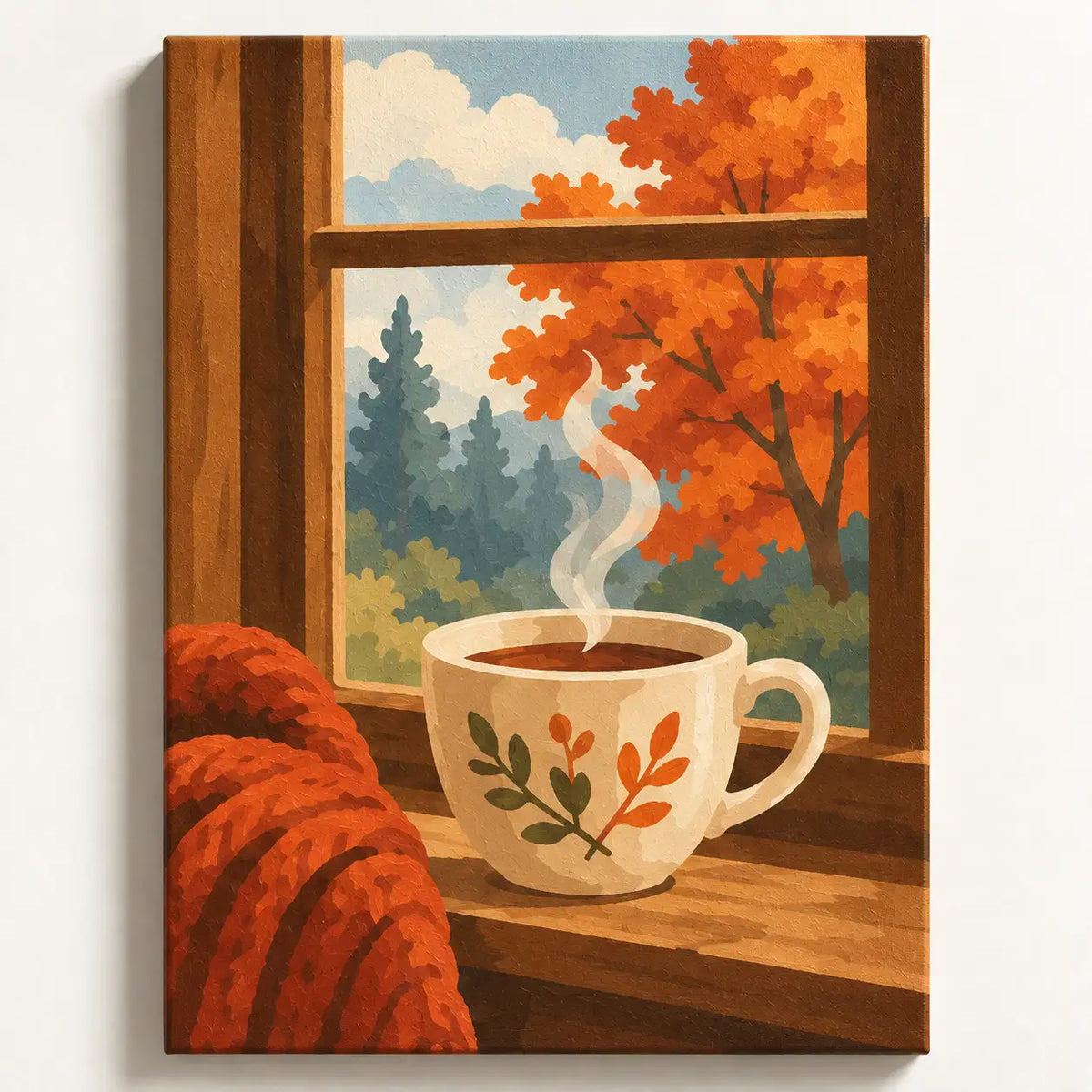 Malen nach Zahlen Erwachsene: dampfende Teetasse am Fenster, rostrote Decke und orangefarbener Herbstbaum auf Leinwand