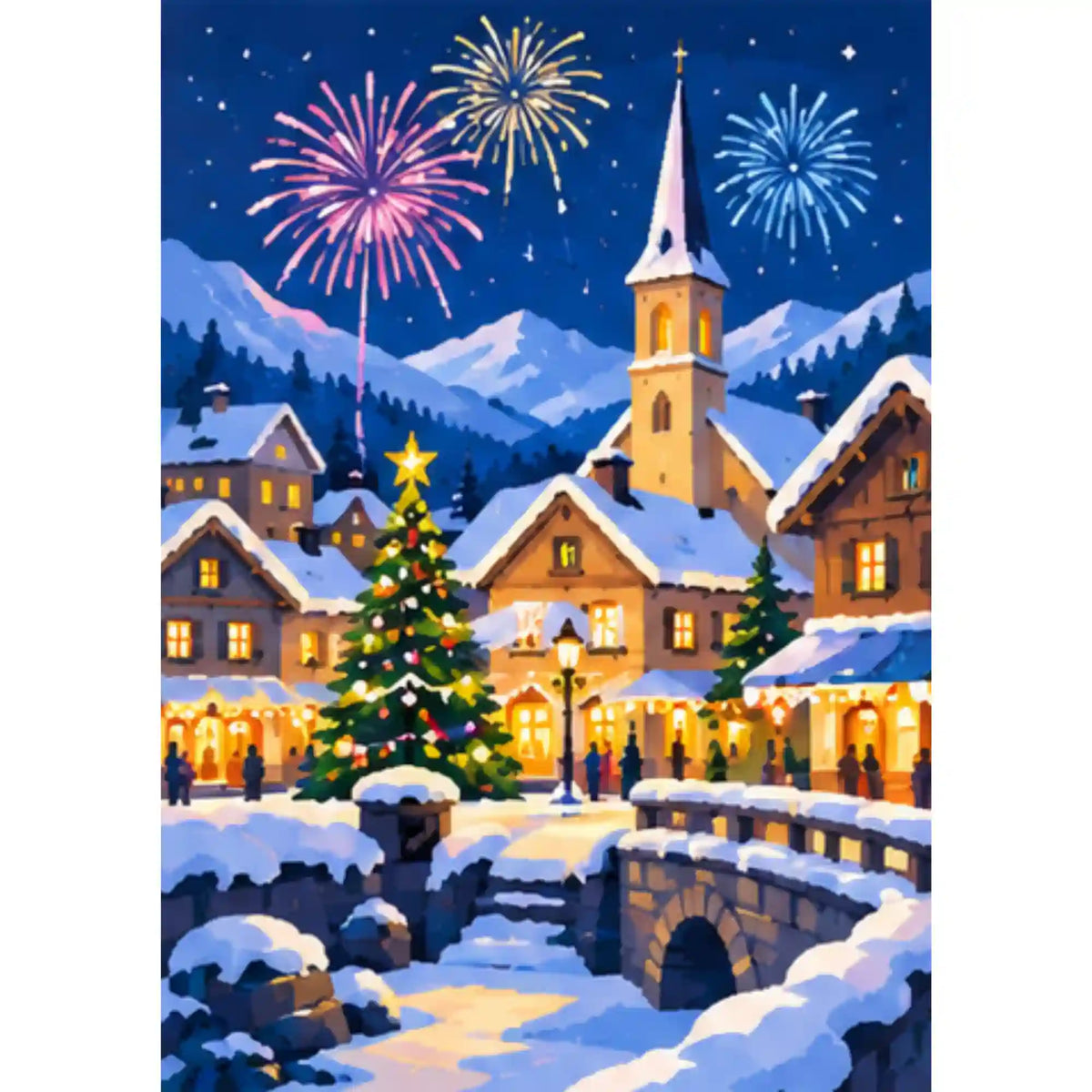 Malen nach Zahlen Erwachsene: Verschneites Dorf mit Weihnachtsbaum, Kirche und buntem Feuerwerk am Sternenhimmel