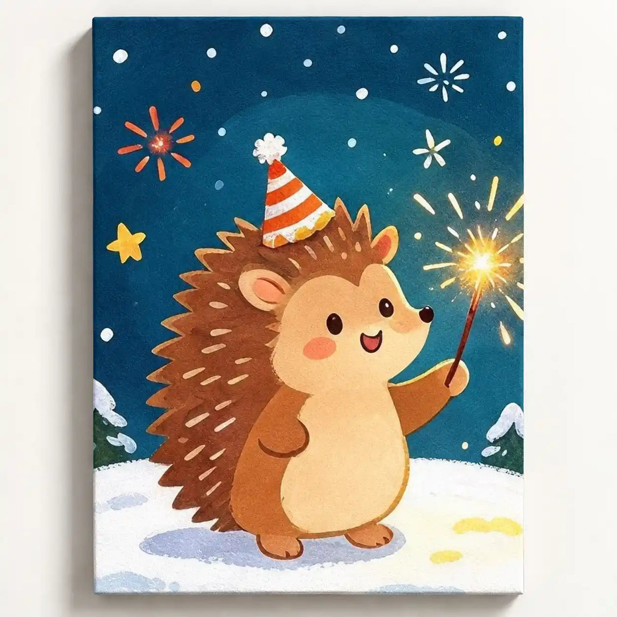 Malen nach Zahlen: Fröhlicher Igel mit Partyhütchen und Wunderkerze im Schnee vor tiefblauem Sternenhimmel mit Feuerwerk