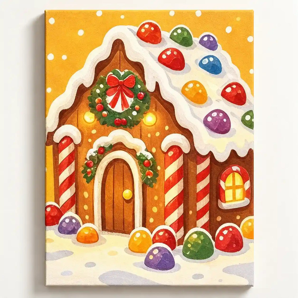Malen nach Zahlen Lebkuchenhaus mit Zuckerguss, bunten Bonbons, Zuckerstangen und Weihnachtskranz auf gelber Leinwand