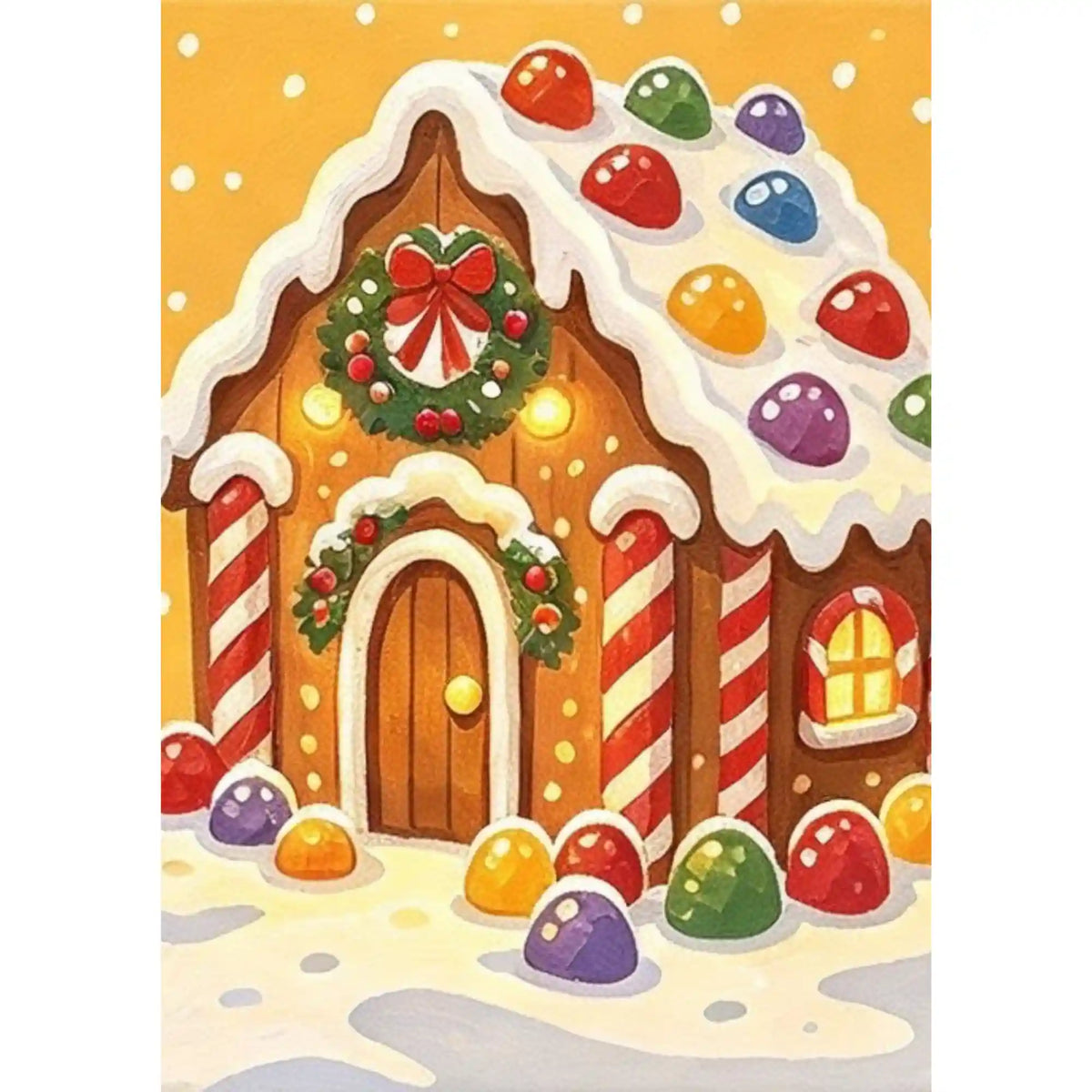 Malen nach Zahlen: Lebkuchenhaus mit Zuckerglasur, bunten Bonbons, Zuckerstangen und Weihnachtskranz im Schnee