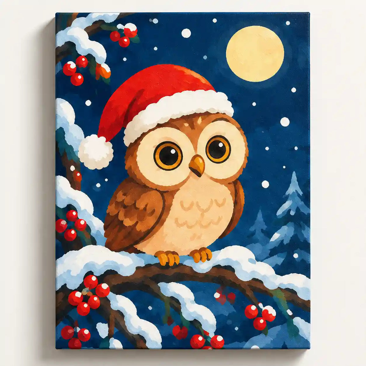 Malen nach Zahlen: Eule mit Weihnachtsmütze auf verschneitem Ast, roten Beeren und Vollmond vor blauem Nachthimmel