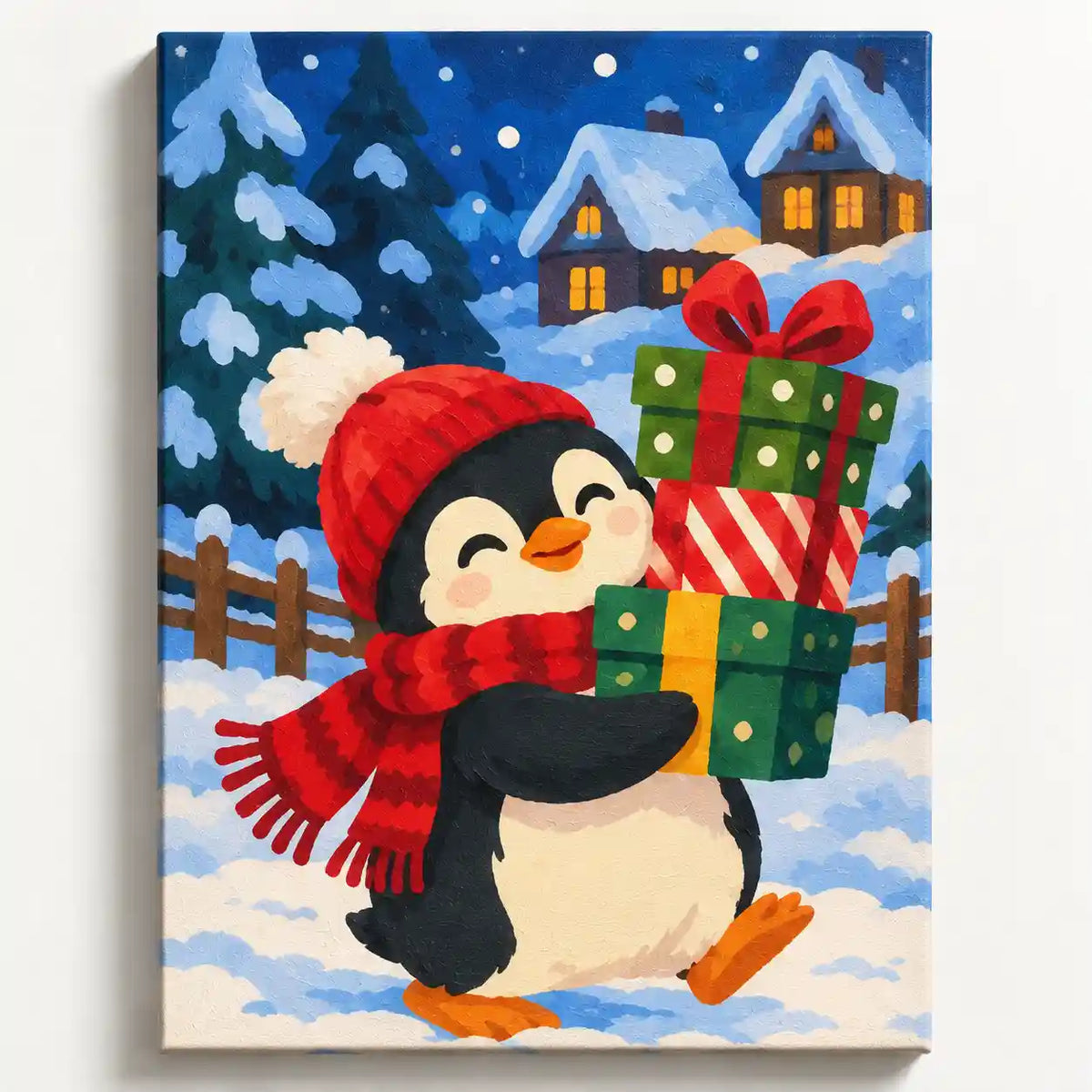Malen nach Zahlen: Pinguin mit roter Mütze und Schal trägt bunte Geschenke durch Winterschnee vor verschneiten Häusern