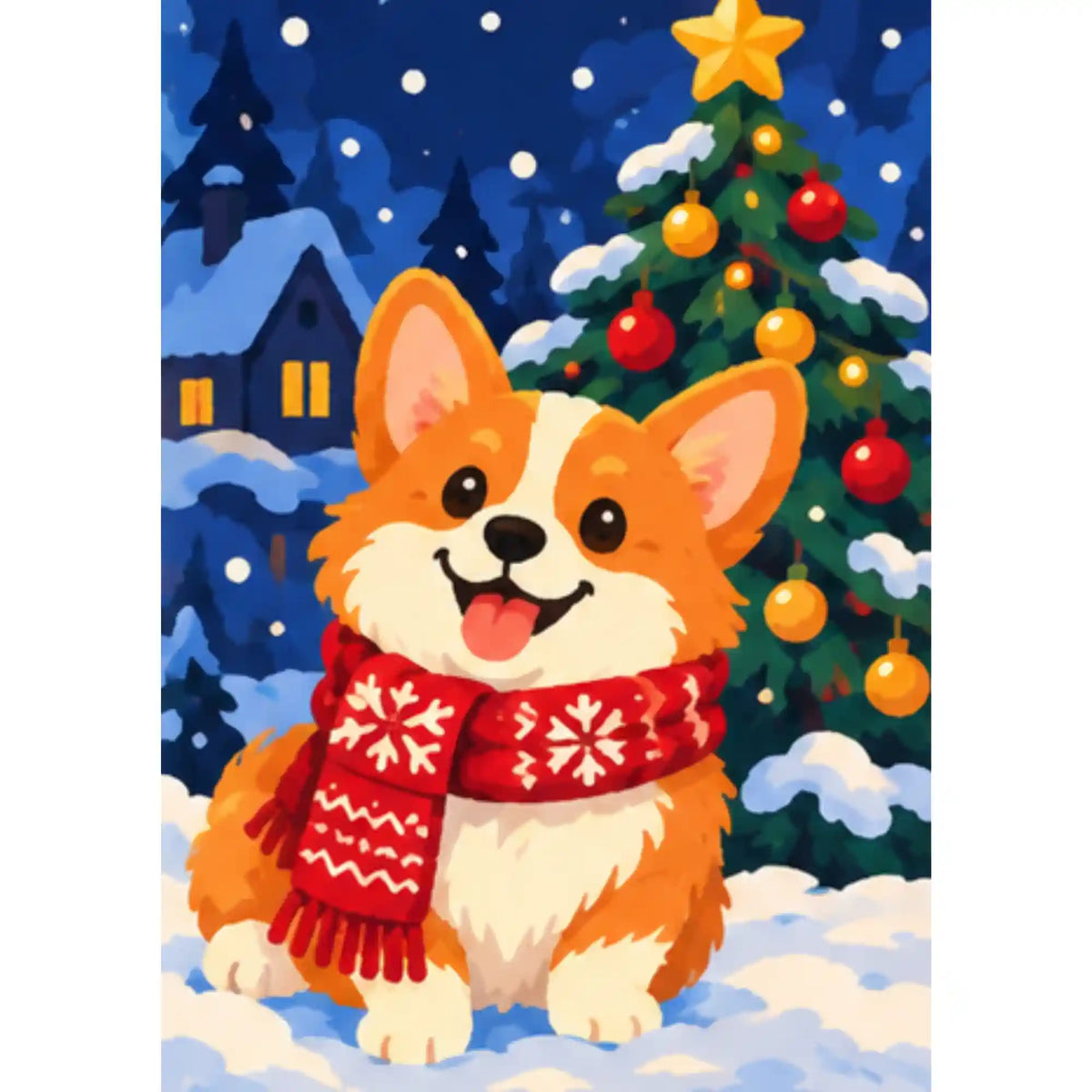Malen nach Zahlen: Corgi mit rotem Schneeflockenschal vor Weihnachtsbaum mit goldenem Stern im Winterabend